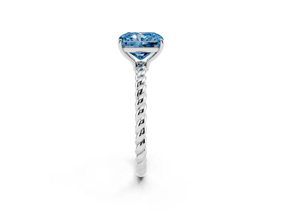Fancy Blue Radiant Cut Solitaire Twist Band Ring with Four-Prong Setting Silver