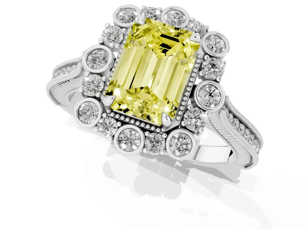 Fancy Yellow Emerald Cut Halo Milgrain Pave Diamond Ring with Four-Prong Setting Silver