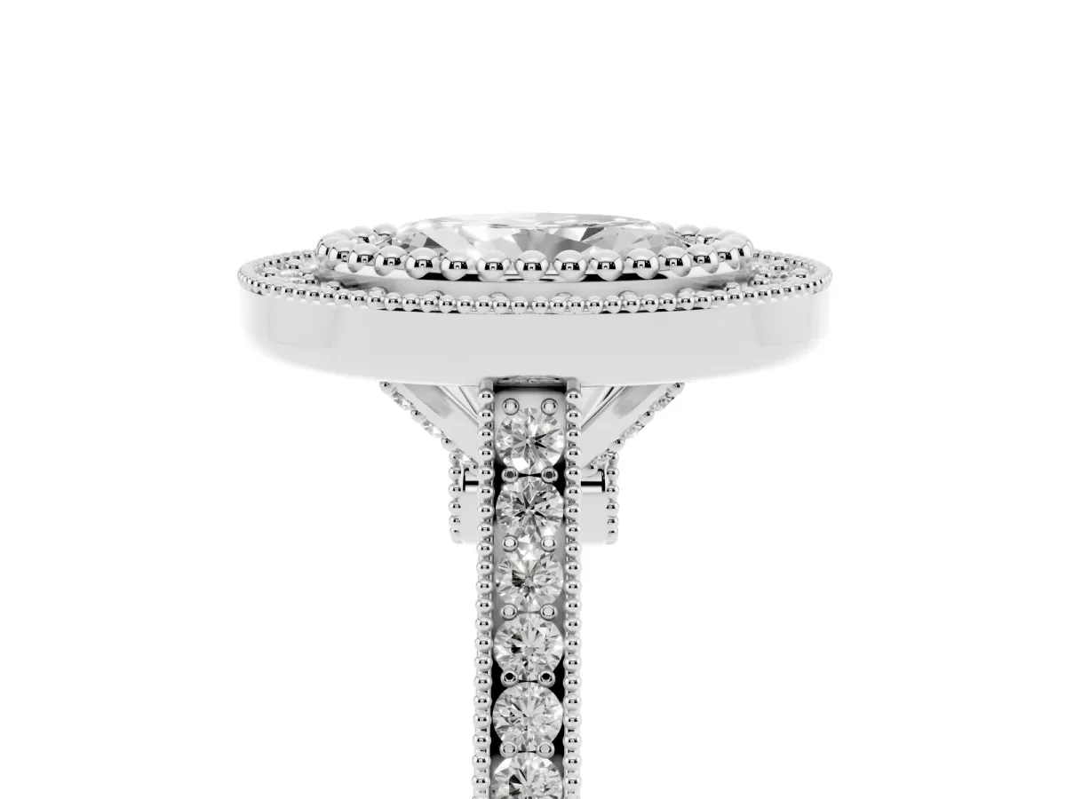 Oval Cut Diamond Halo Ring with Milgrain Frame and Pavé Band Silver