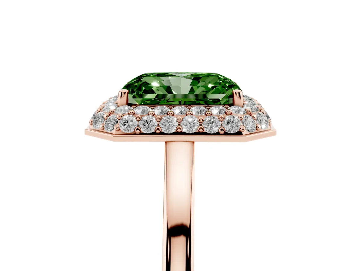Fancy Green Radiant Cut Halo Diamond Engagement Ring with Solitaire Band and Four-Prong Setting Rose gold