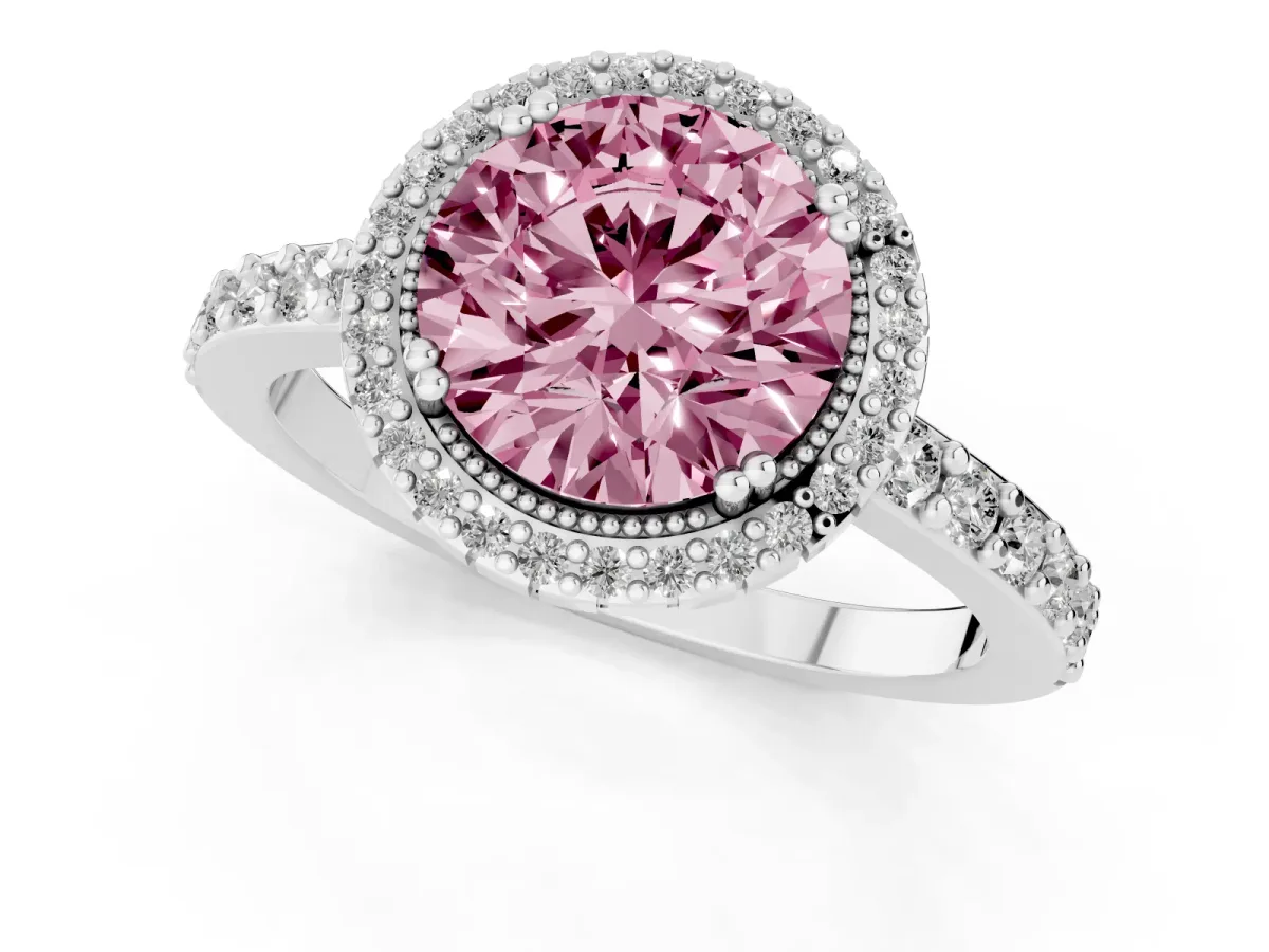 Fancy Pink Round Cut Cut Diamond Halo Engagement Ring with Milgrain Detail and Pavé Band Silver