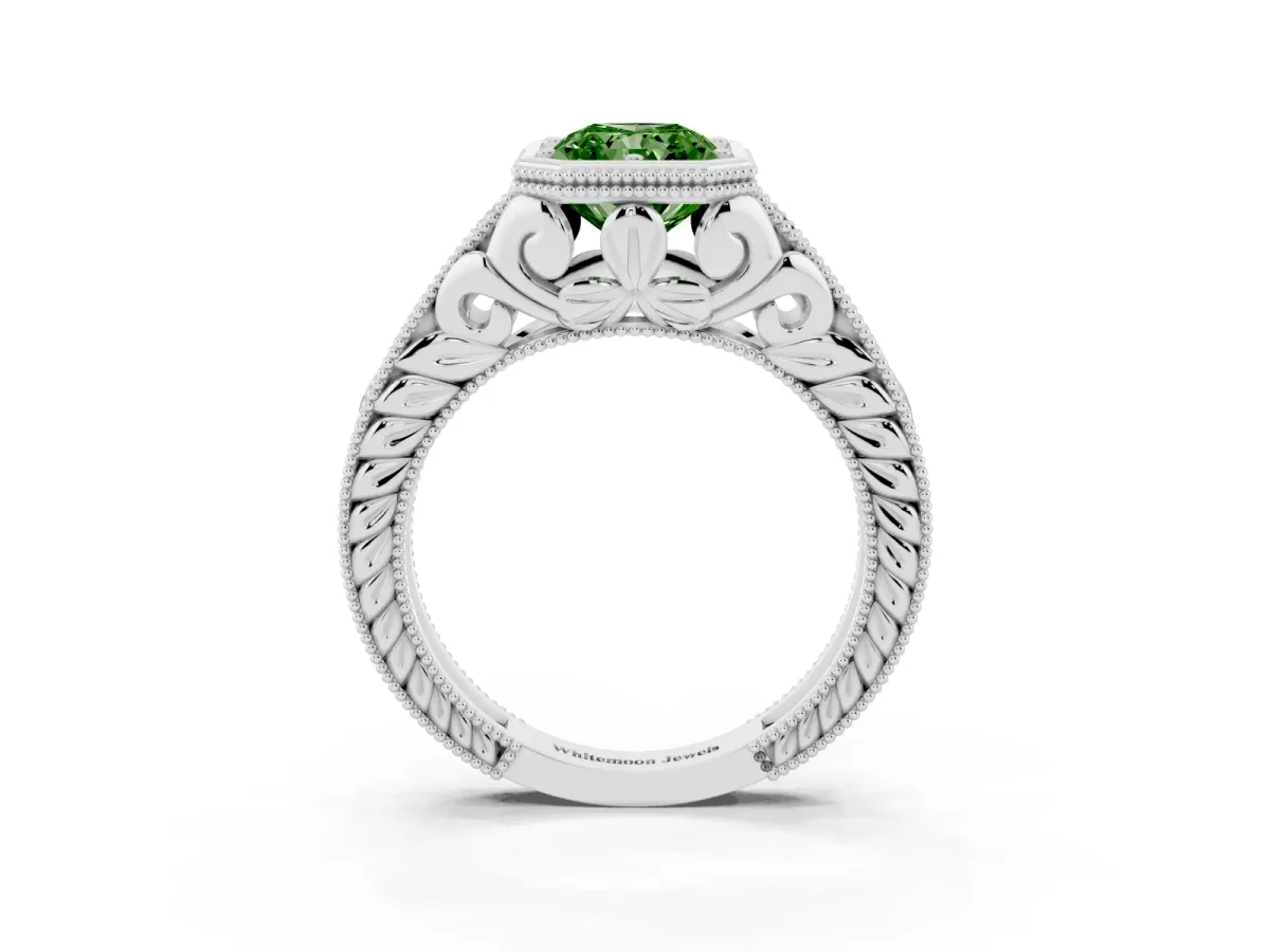 Fancy Green Bezel Set Radiant Cut Diamond Milgrain Pave Engagement Ring Silver