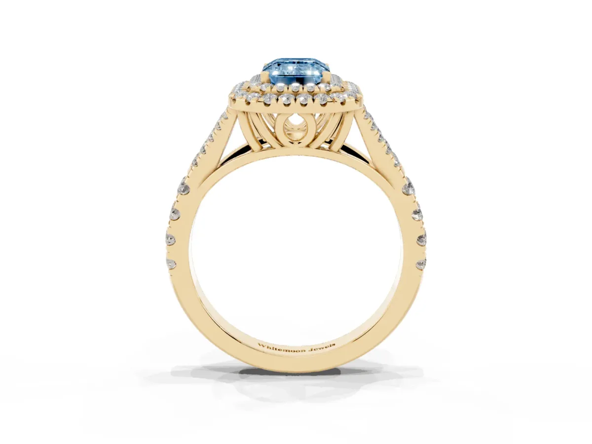 Fancy Blue Emerald Cut Diamond Pavé Split Shank Double Halo Engagement Ring Yellow gold