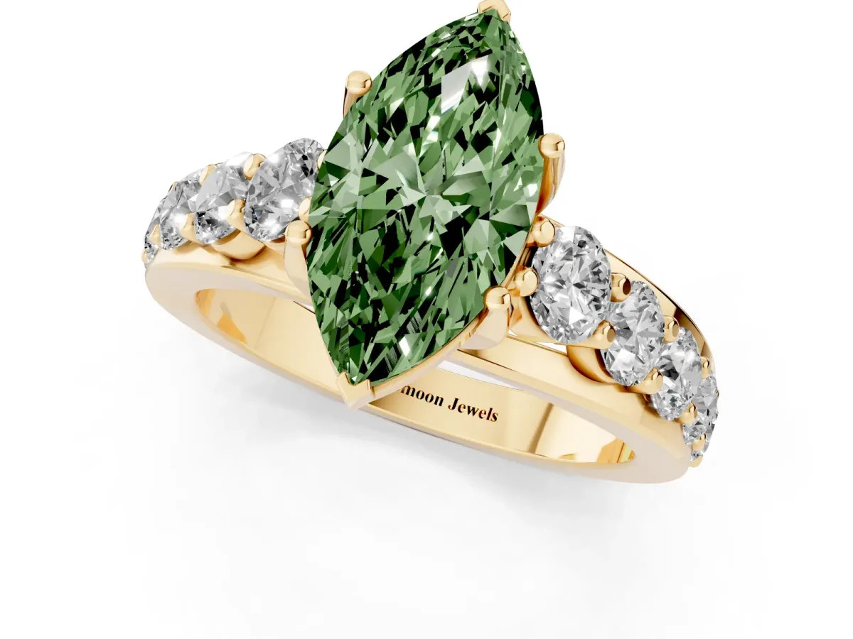 Fancy Green Marquise Cut Diamond Engagement Ring with Pavé Band and Four-Prong Setting Yellow gold