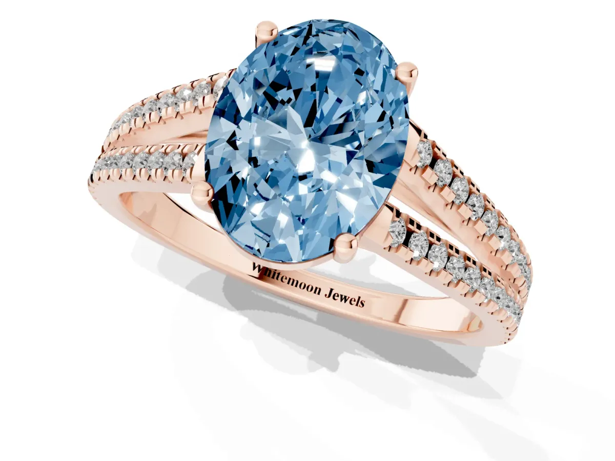Fancy Blue Oval Cut Diamond Solitaire Engagement Ring with Split Shank Pavé Band Rose gold