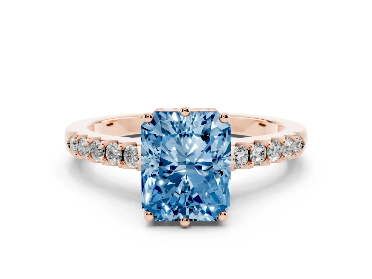 Fancy Blue Radiant Cut Solitaire Diamond Engagement Ring with Pavé Band and Six-Prong Setting Rose gold