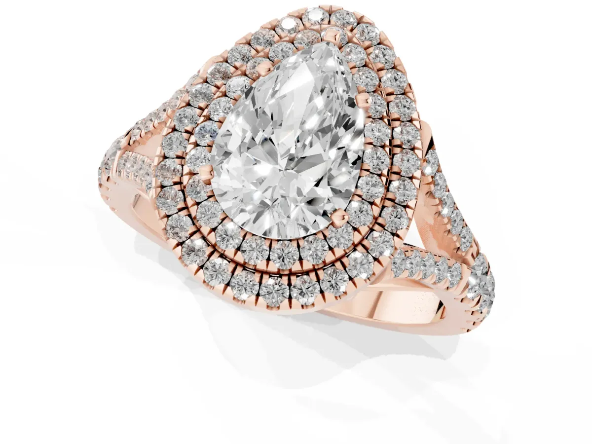 Double Halo Pear Cut Diamond Split Shank Engagement Ring with Four-Prong Setting Rose gold