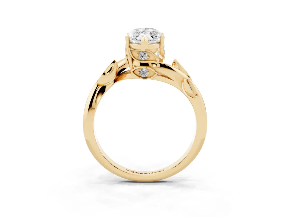 Marquise Cut Solitaire Twist Engagement Ring with Leaf Accents and Prong Setting Yellow gold