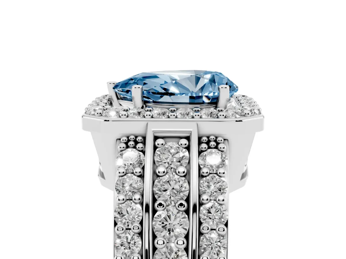 Fancy Blue Pear Cut Halo Diamond Ring with Round Split Shank and Prong Setting Platinum