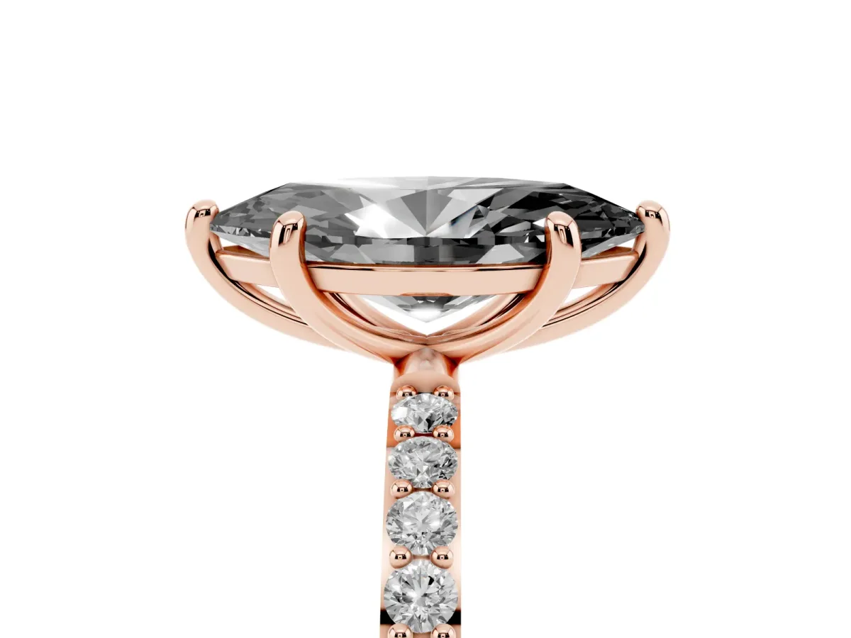 Fancy Black Marquise Cut Diamond Solitaire Ring with Round Pavé Band and Prong Setting Rose gold