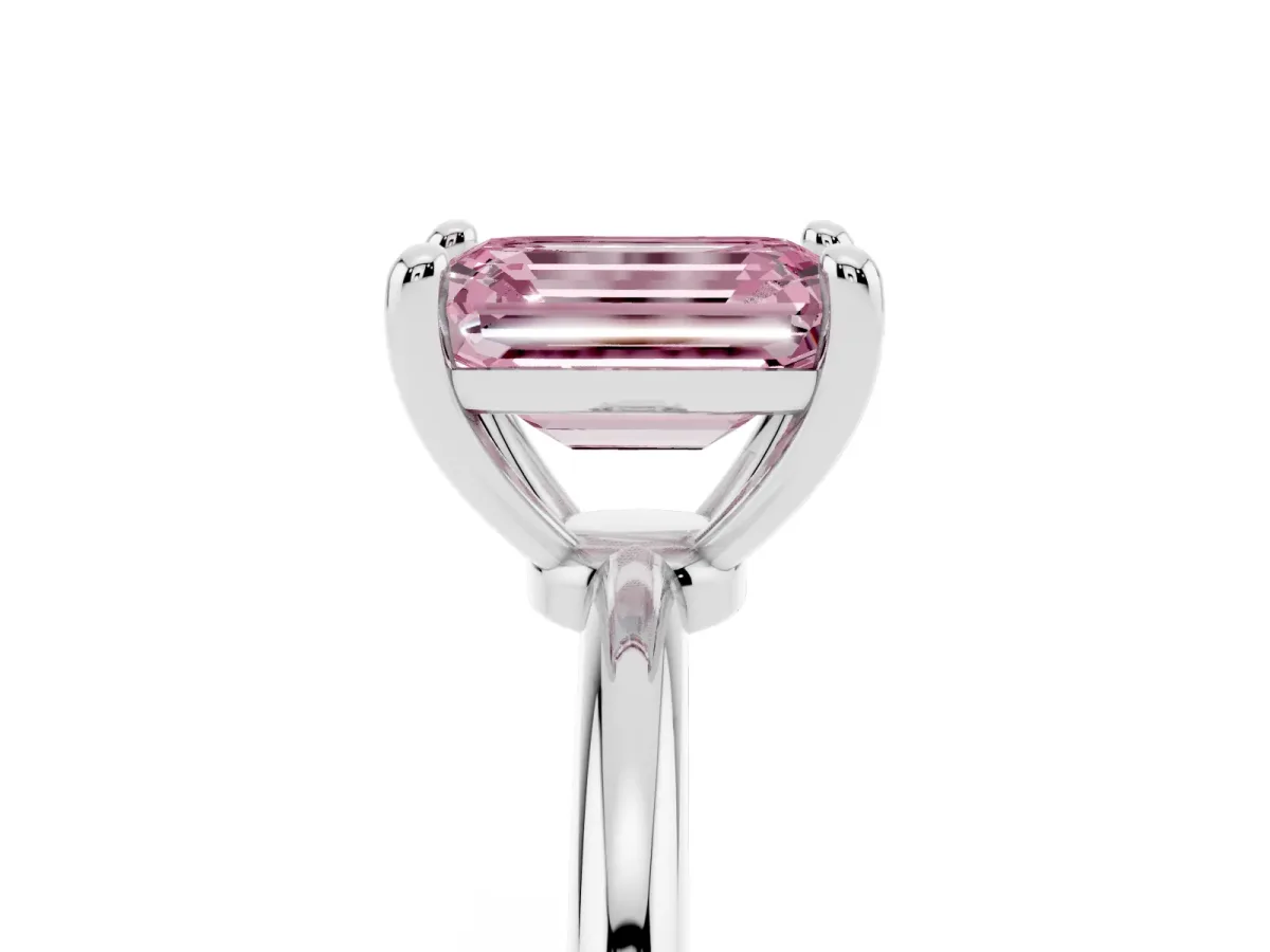 Fancy Pink Emerald Cut Solitaire Diamond Ring with 4-Prong Setting on a Classic Band Silver