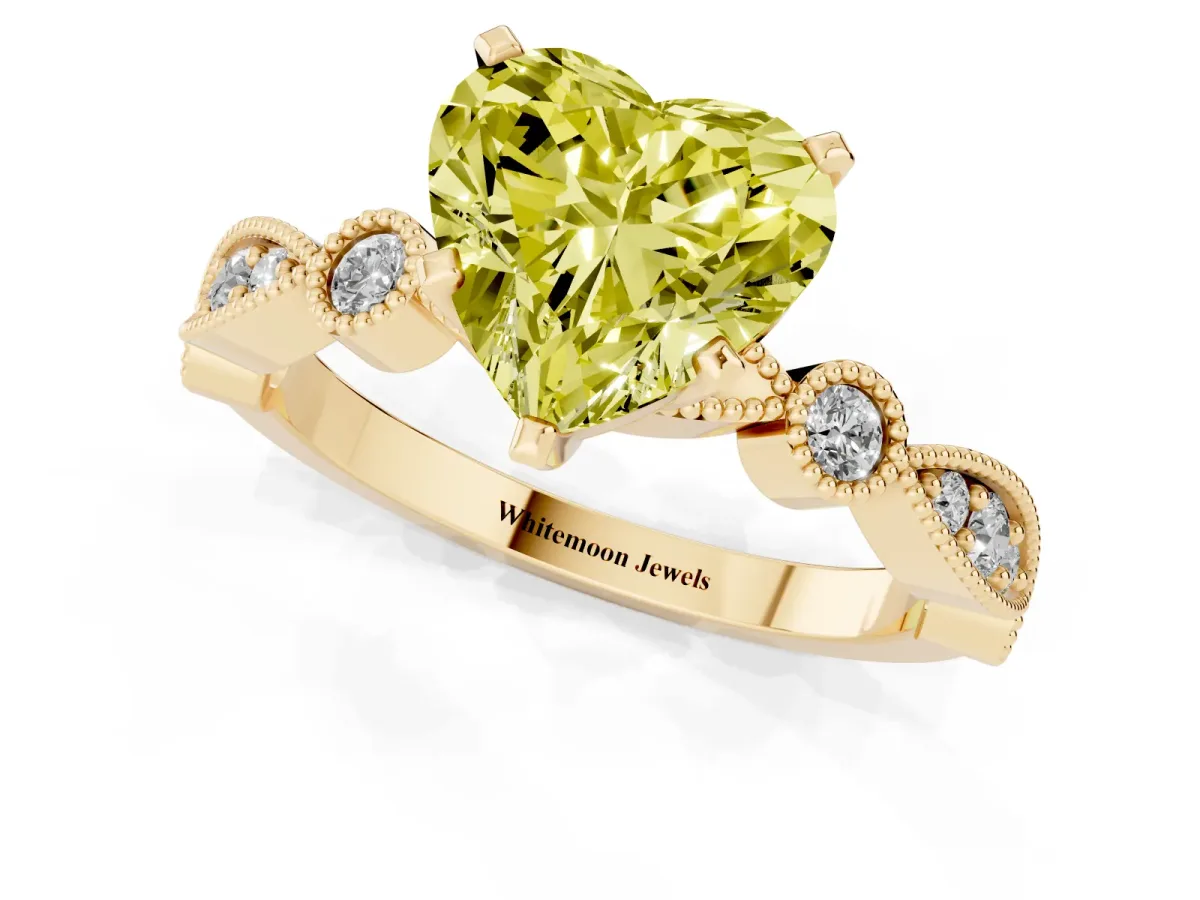 Fancy Yellow Heart Cut Milgrain Bezel Diamond Engagement Ring with Solitaire Prong Setting Yellow gold