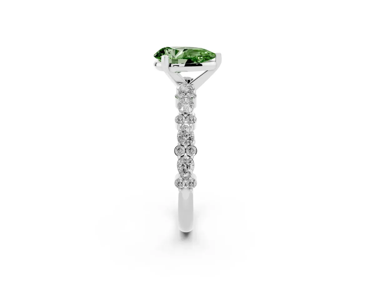 Fancy Green Pear Cut Diamond Side Stone Solitaire Ring with Round and Four-Prong Setting Silver