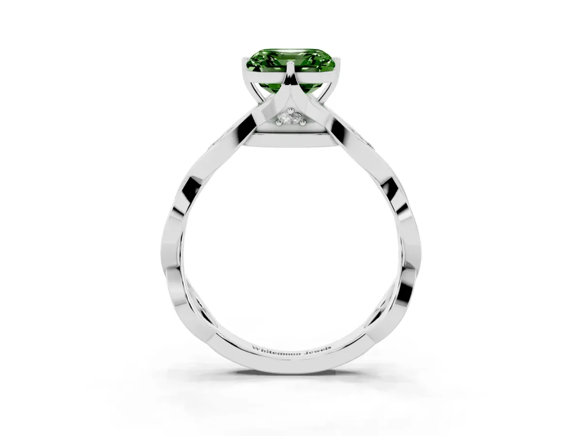 Fancy Green Asscher Cut Solitaire Twist Band with Leaf Prong Setting Platinum