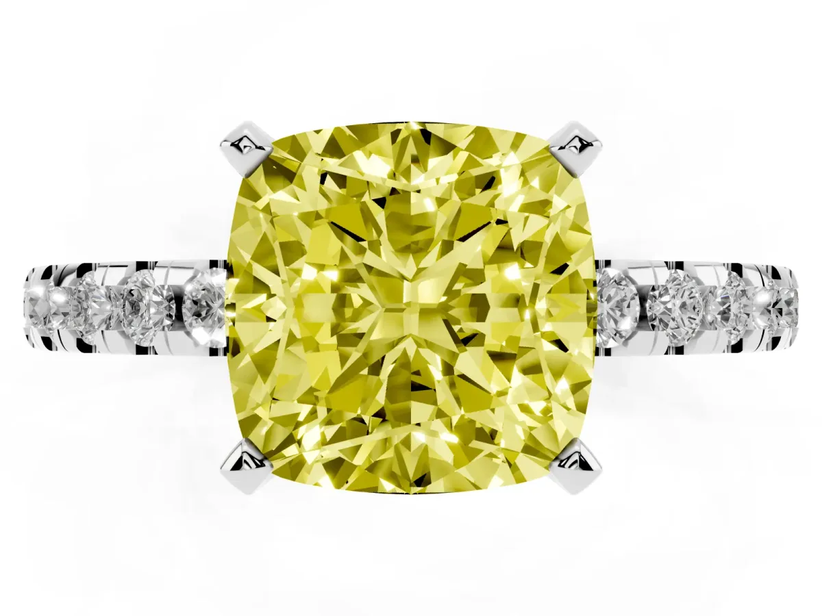 Fancy Yellow Cushion Cut Diamond Solitaire Ring with Round Pavé Band and Four-Prong Setting Silver