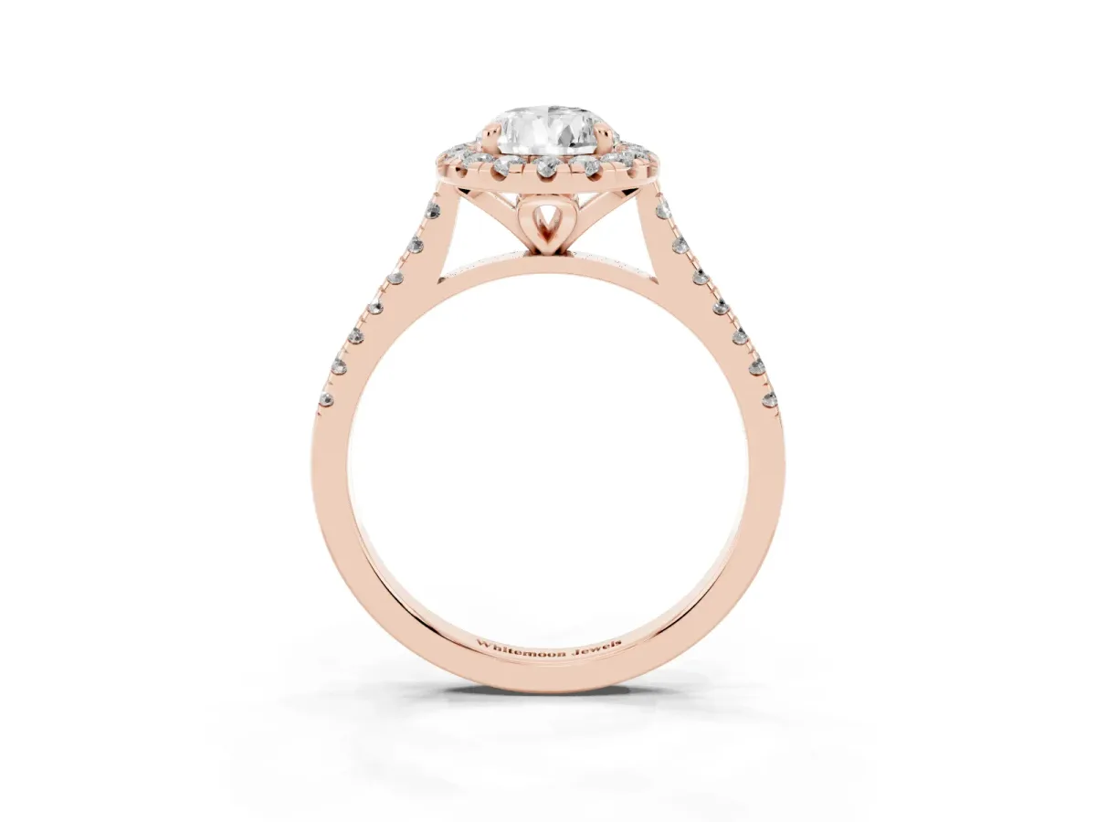 Pear Cut Diamond Cushion Halo Ring with Pavé Band Rose gold