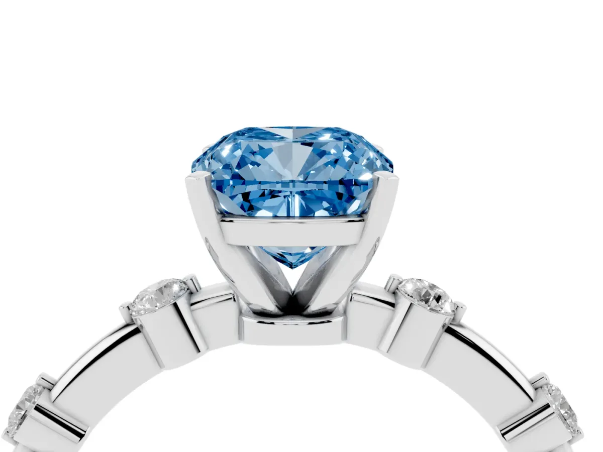 Fancy Blue Cushion Cut Solitaire Diamond Ring with Bezel Set Side Stones and Prong Setting Platinum