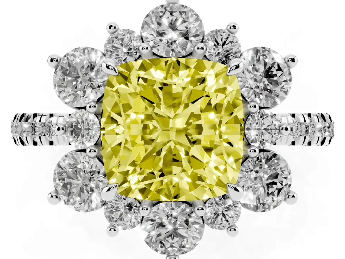Fancy Yellow Cushion Cut Diamond Floral Halo Ring with Round Pavé Band and Prong Setting Silver