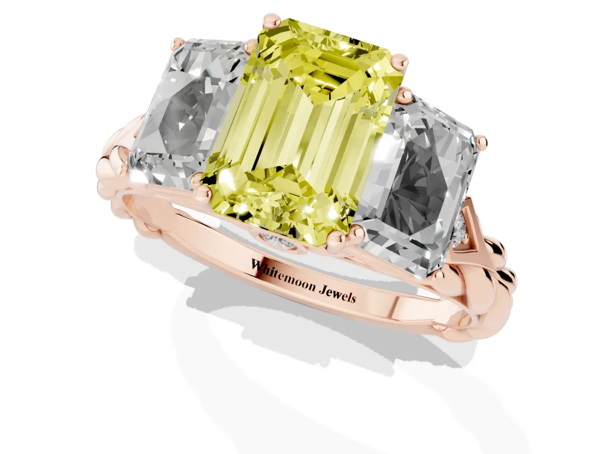 Fancy Yellow Three-Stone Emerald Cut Diamond Braided Band Ring with Four-Prong Setting Rose gold