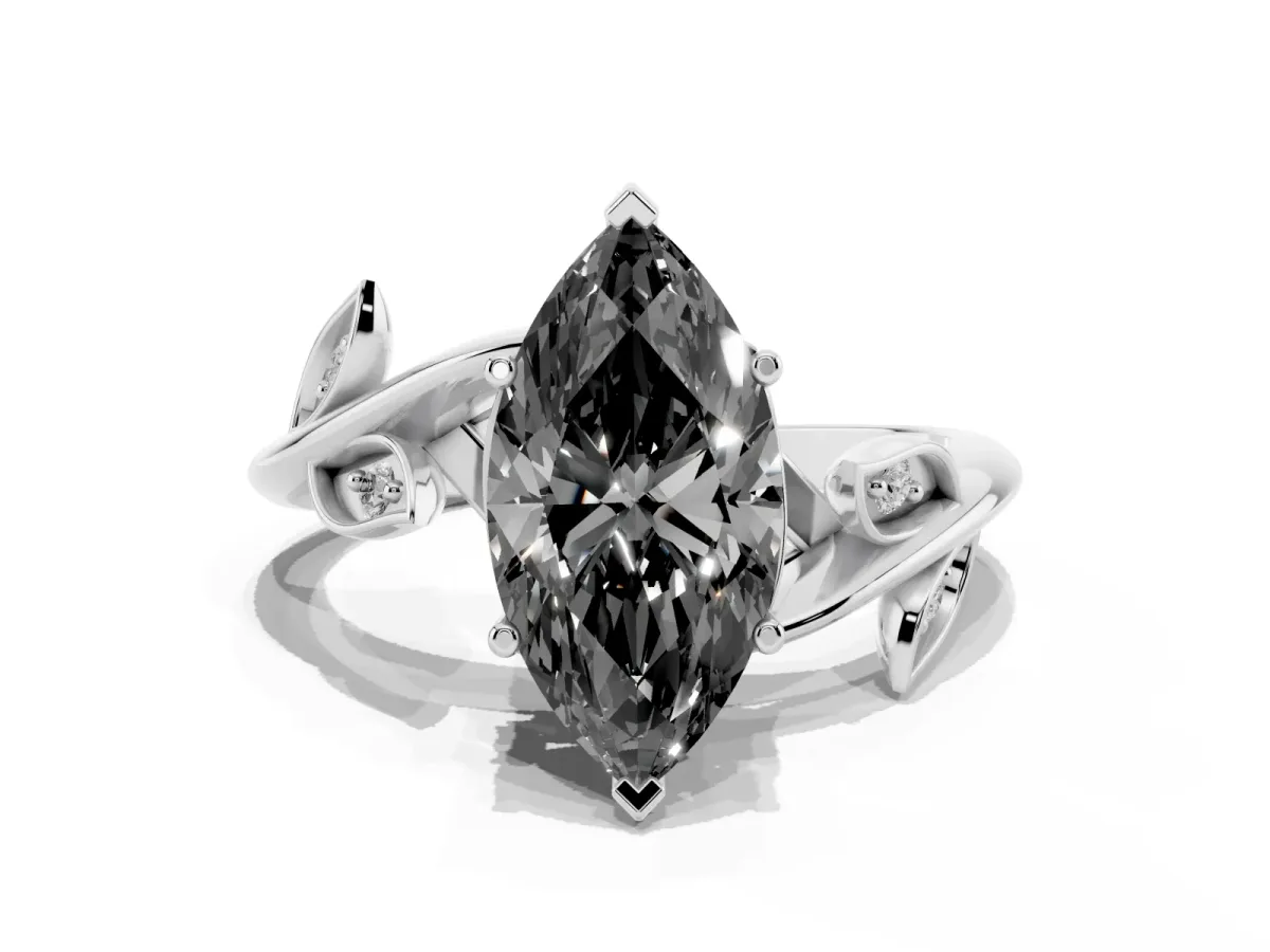 Fancy Black Marquise Cut Solitaire Twist Engagement Ring with Leaf Accents and Prong Setting Platinum
