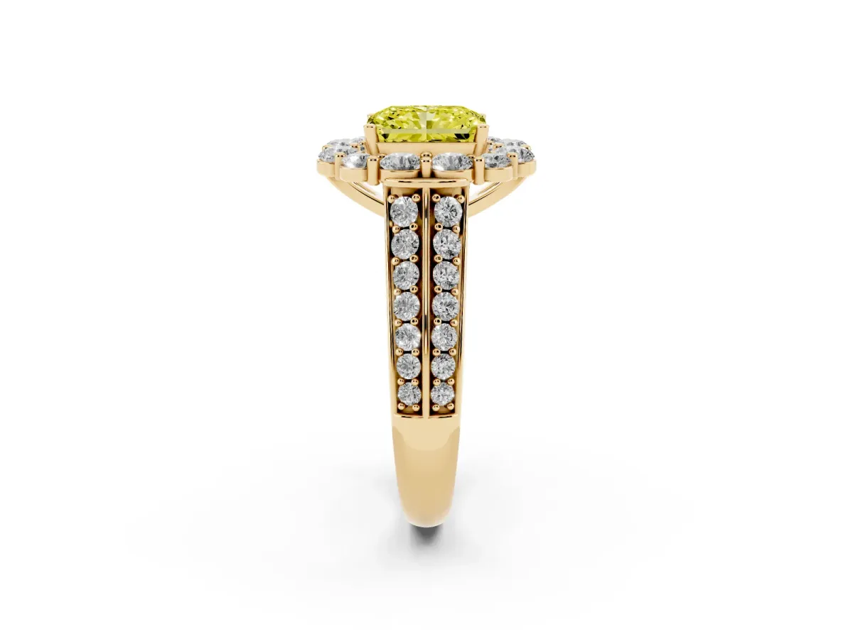 Fancy Yellow Radiant Cut Halo Diamond Engagement Ring with Split Shank and Prong Setting Yellow gold