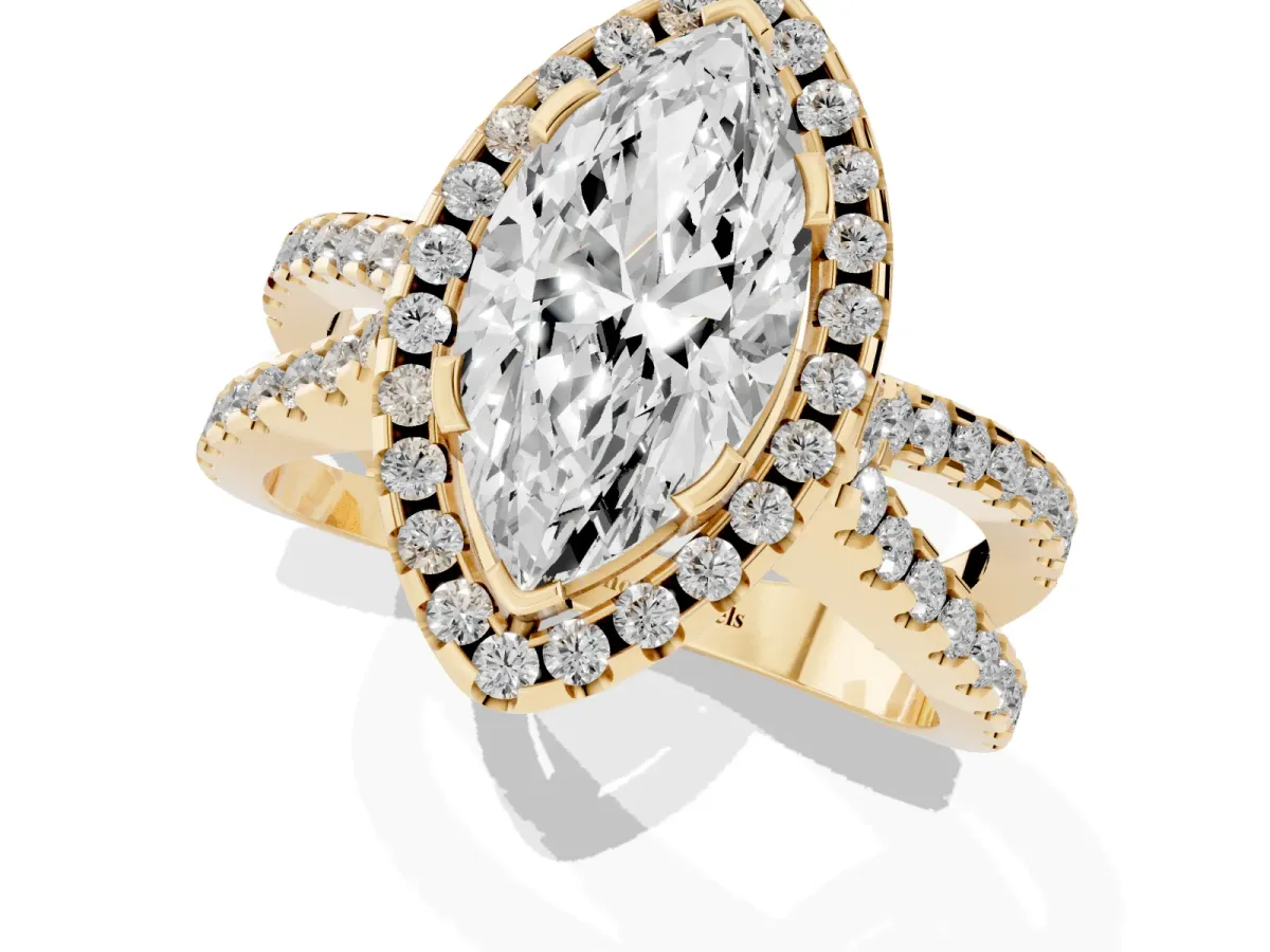 Marquise Cut Diamond Halo Ring with Split Shank Pavé Band and Prong Setting Yellow gold