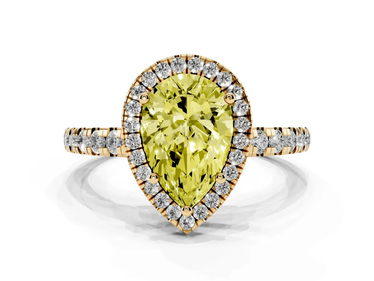 Fancy Yellow Pear Cut Diamond Halo Ring with Pavé Band and Four-Prong Setting Yellow gold