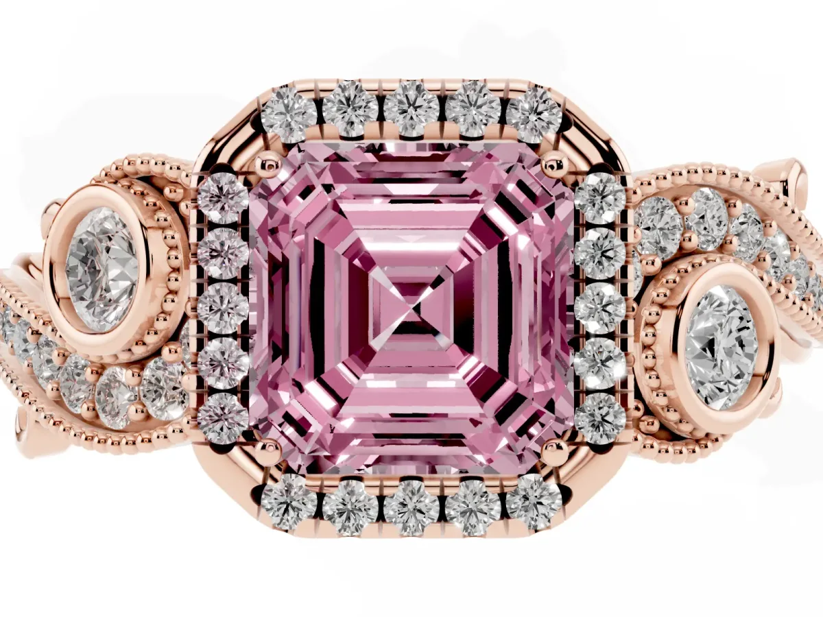 Fancy Pink Asscher Cut Halo Diamond Ring with Milgrain and Bezel Accents on a Split Shank Band Rose gold