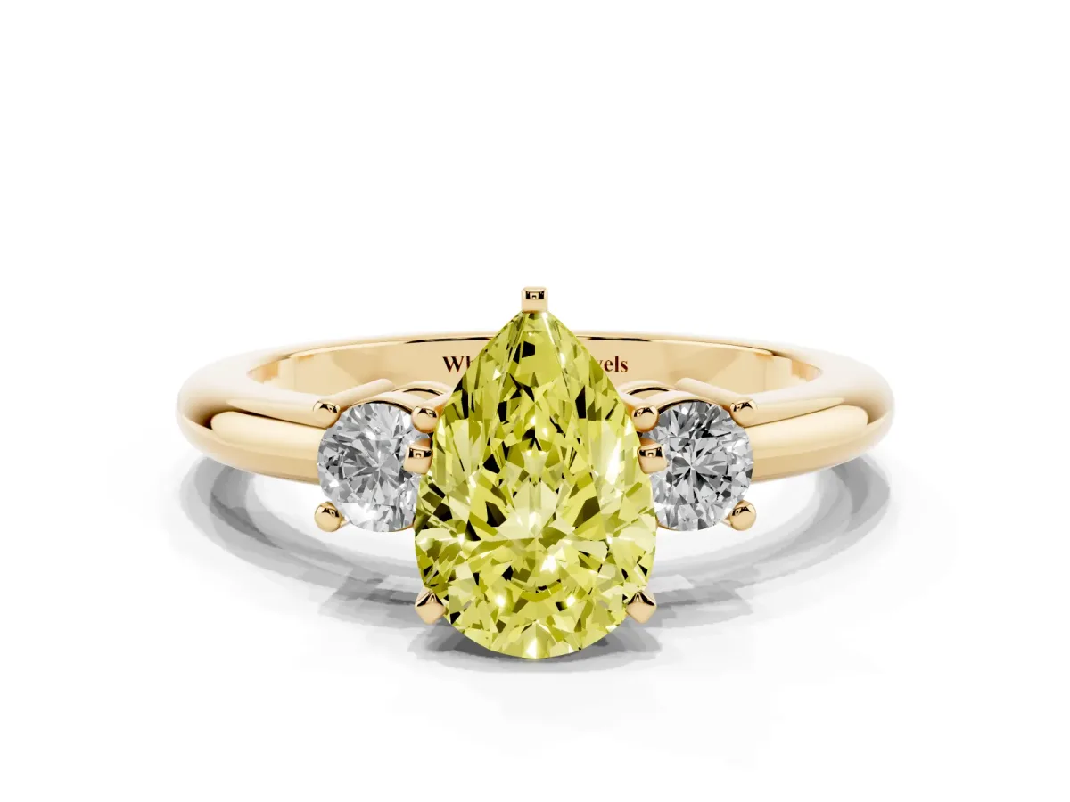 Fancy Yellow Three-Stone Pear Cut Cut Diamond Solitaire with Prong Setting and Classic Band Yellow gold