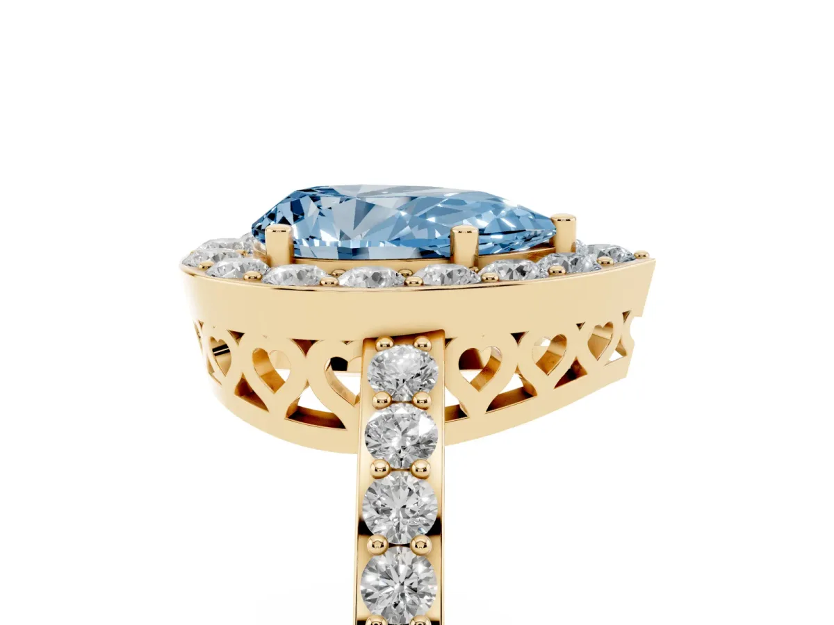 Fancy Blue Pear Cut Halo Diamond Pavé Band Ring with Prong Setting Yellow gold