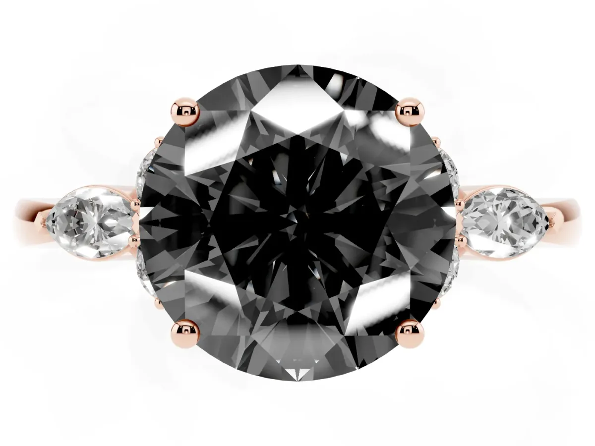 Fancy Black Round Cut Brilliant Diamond Solitaire Ring with Pear Side Stones and Four-Prong Setting Rose gold