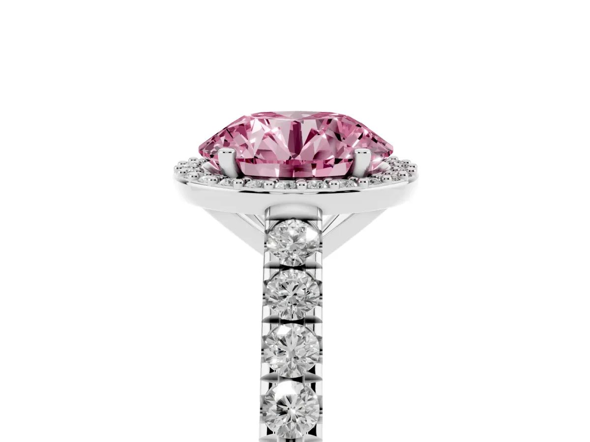 Fancy Pink Round Cut Cut Halo Diamond Engagement Ring with Pave Band and Four-Prong Setting Platinum