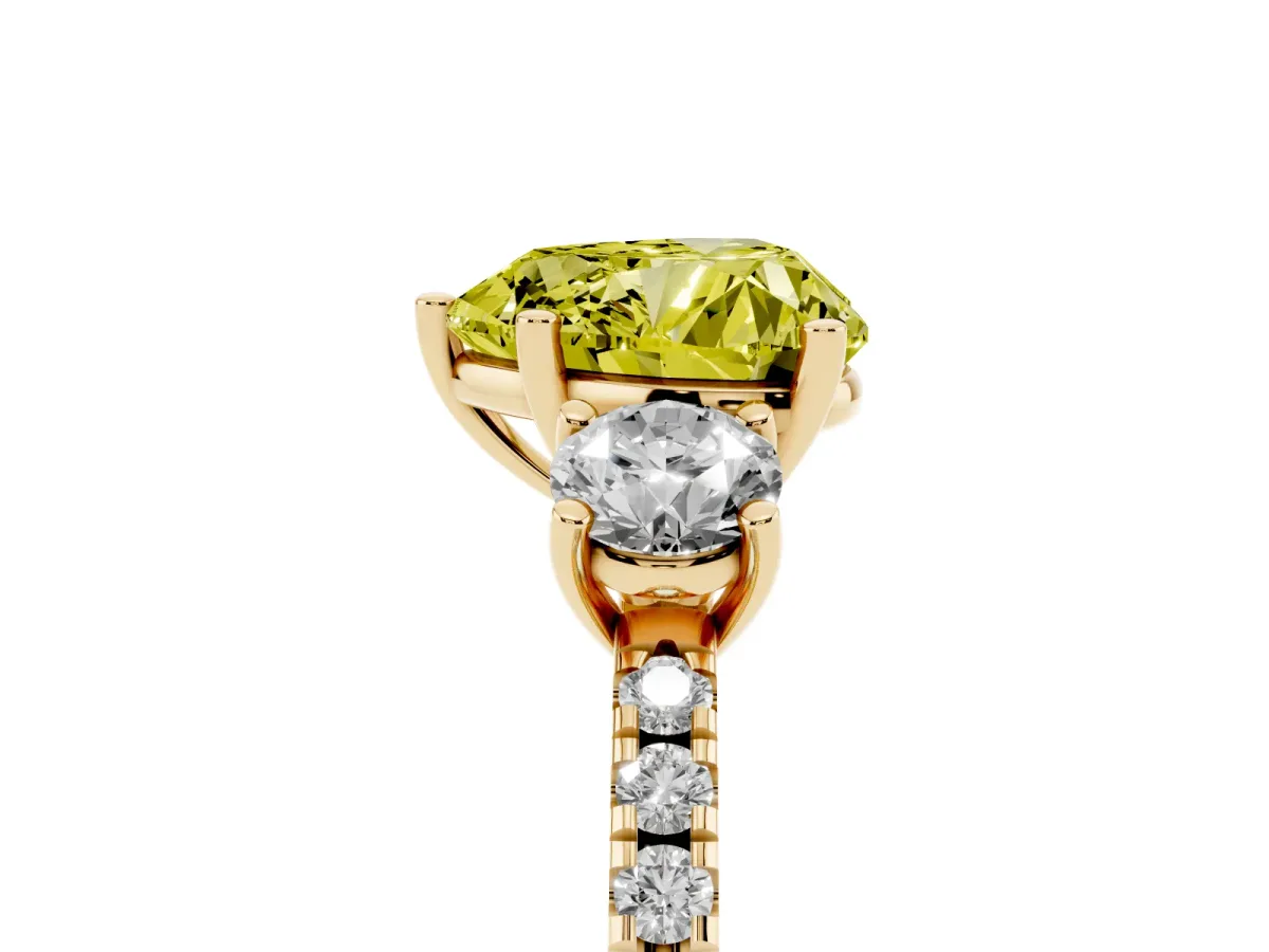 Fancy Yellow Three-Stone Heart Cut Cut Diamond Pavé Band with Prong Setting Yellow gold