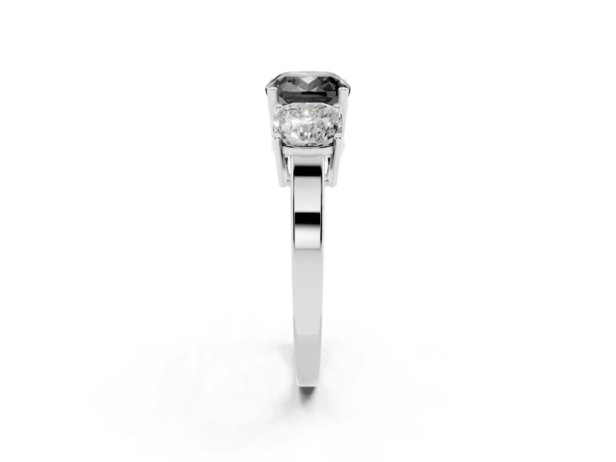 Fancy Black Three-Stone Cushion Cut Cut Diamond Engagement Ring with Flat Band and Four-Prong Setting Silver