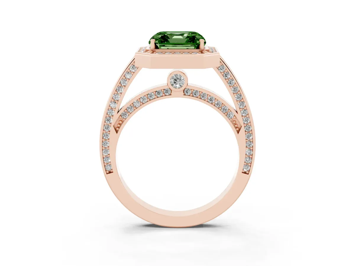 Fancy Green Asscher Cut Cut Halo Pave Split Shank Prong Setting Ring Rose gold