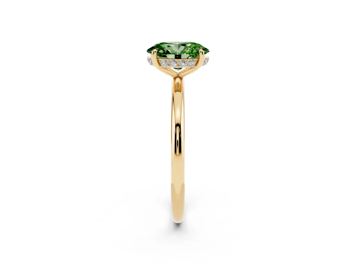 Fancy Green Oval Cut Solitaire Diamond Ring with a Classic Band and Four-Prong Setting Yellow gold