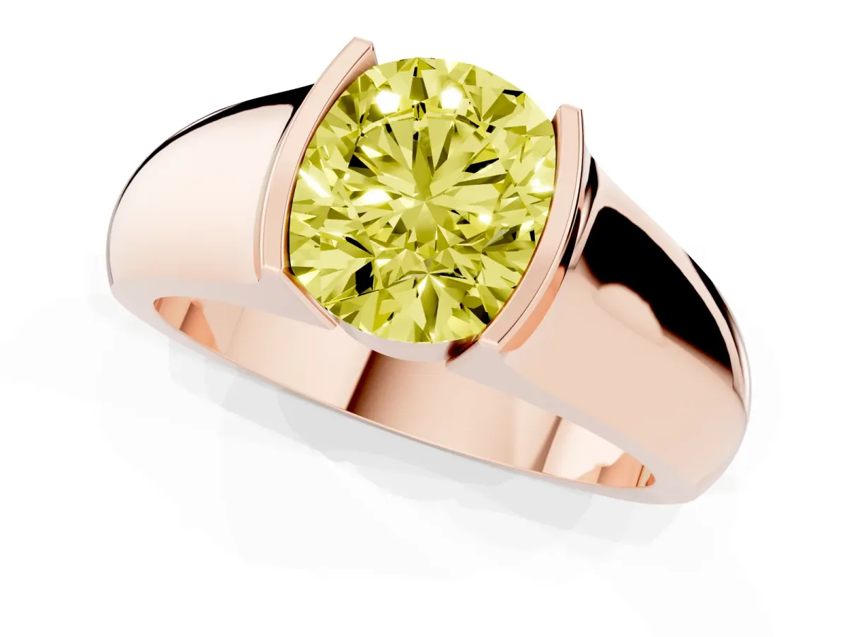 Fancy Yellow Round Cut Solitaire Bezel Set Diamond Ring with Wide Band Rose gold