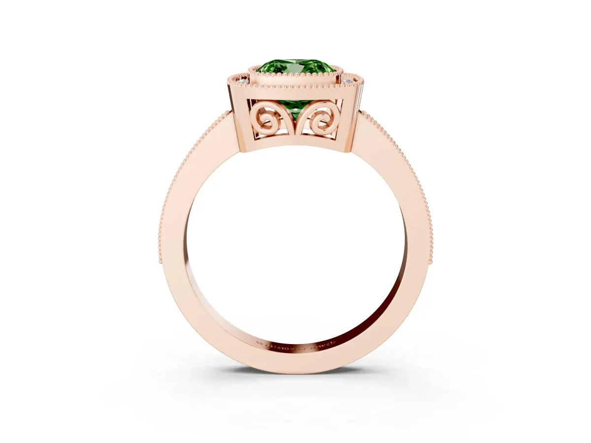 Fancy Green Cushion Cut Cut Halo Diamond Ring with Pavé Band and Milgrain Prong Setting Rose gold