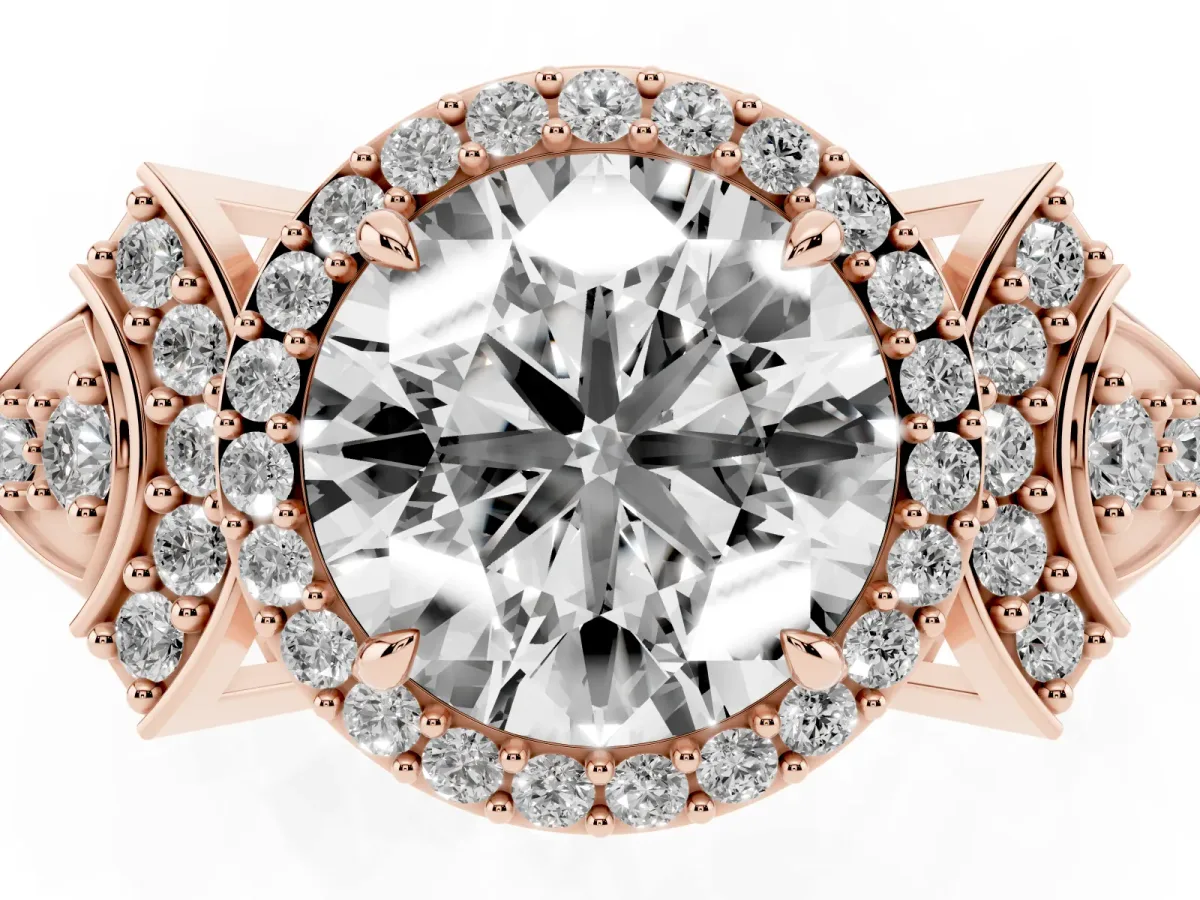 Round Cut Halo Diamond Split Shank Engagement Ring with Four-Prong Setting Rose gold