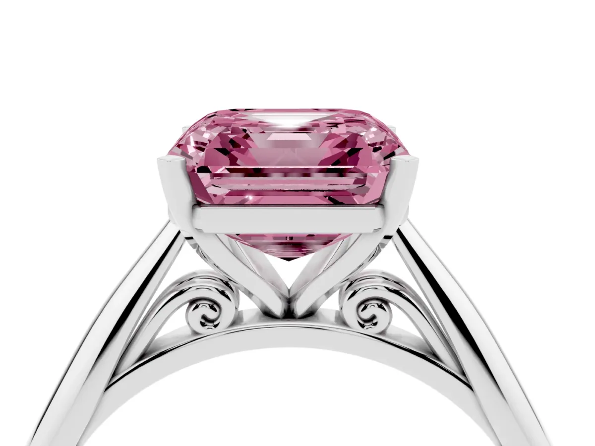 Fancy Pink Asscher Cut Diamond Solitaire Engagement Ring with Cathedral Setting and Four-Prong Mount Silver