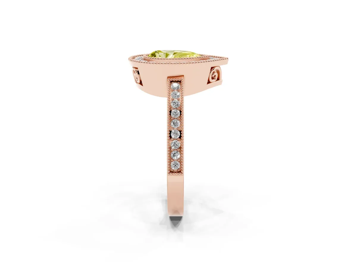 Fancy Yellow Pear Cut Cut Halo Diamond Ring with Pavé Band and Milgrain Prong Setting Rose gold