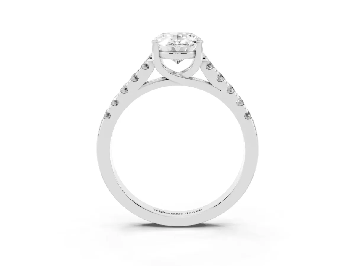 Oval Cut Diamond Pavé Band Solitaire Ring with Prong Setting Silver