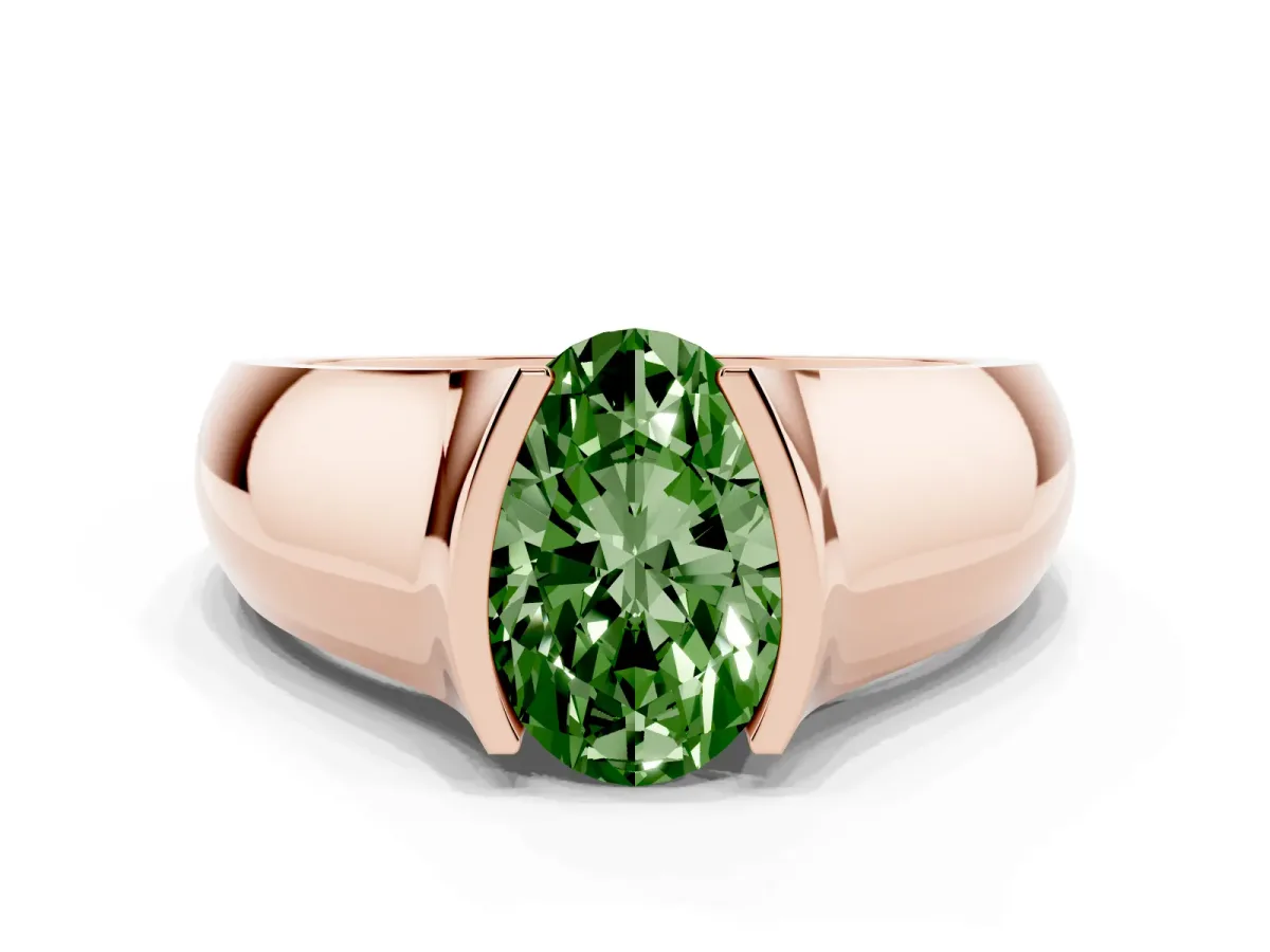 Fancy Green Oval Cut Solitaire Bezel Set Diamond Ring with Wide Band Rose gold