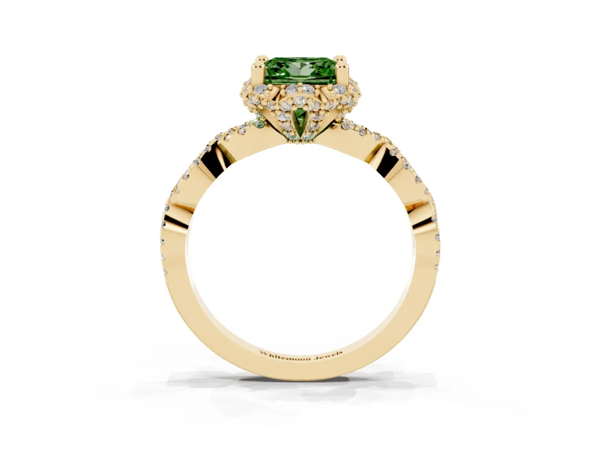 Fancy Green Princess Cut Halo Twist Band Solitaire Ring with Six-Prong Setting Yellow gold
