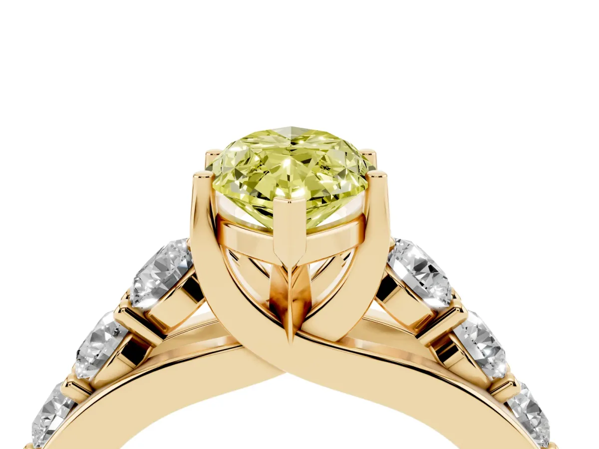 Fancy Yellow Marquise Cut Diamond Engagement Ring with Pavé Band and Four-Prong Setting Yellow gold
