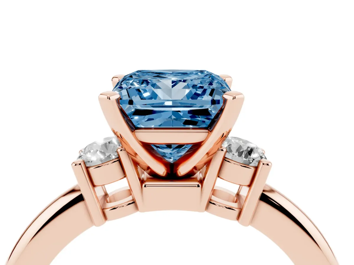 Fancy Blue Three-Stone Princess Cut Cut Diamond Solitaire with Prong Setting and Classic Band Rose gold