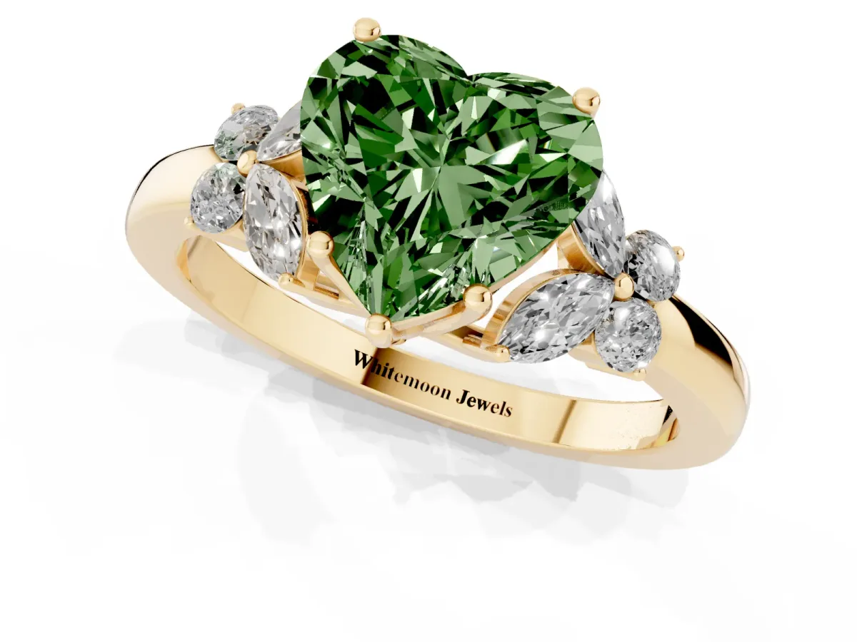 Fancy Green Heart Cut Cut Solitaire Floral Diamond Ring with Four-Prong Setting Yellow gold