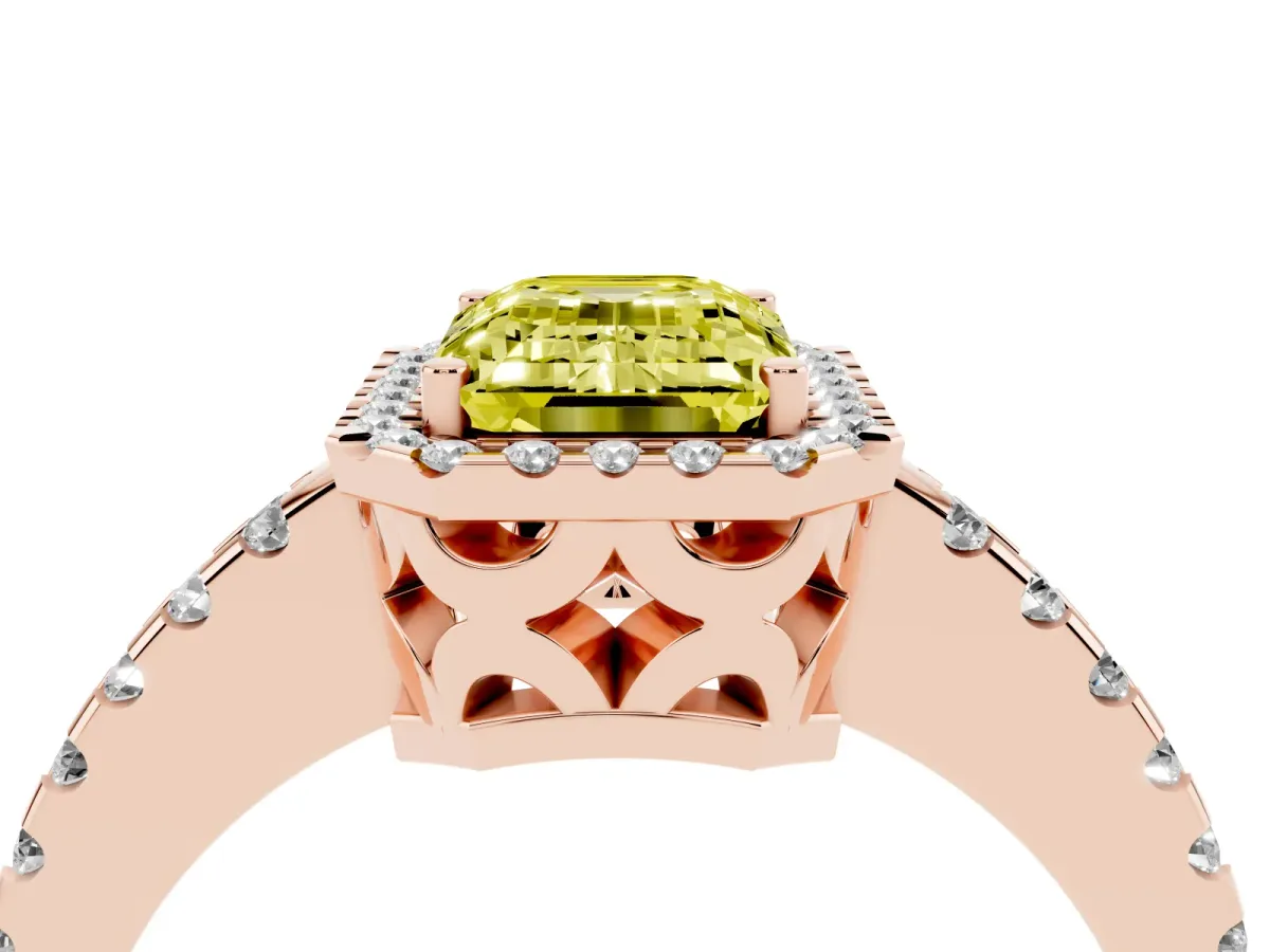 Fancy Yellow Emerald Cut Diamond Halo Engagement Ring with Pavé Band and Prong Setting Rose gold
