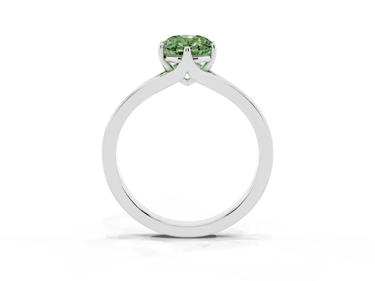Fancy Green Oval Cut Solitaire Diamond Ring with Six-Prong Setting and Tapered Band Silver