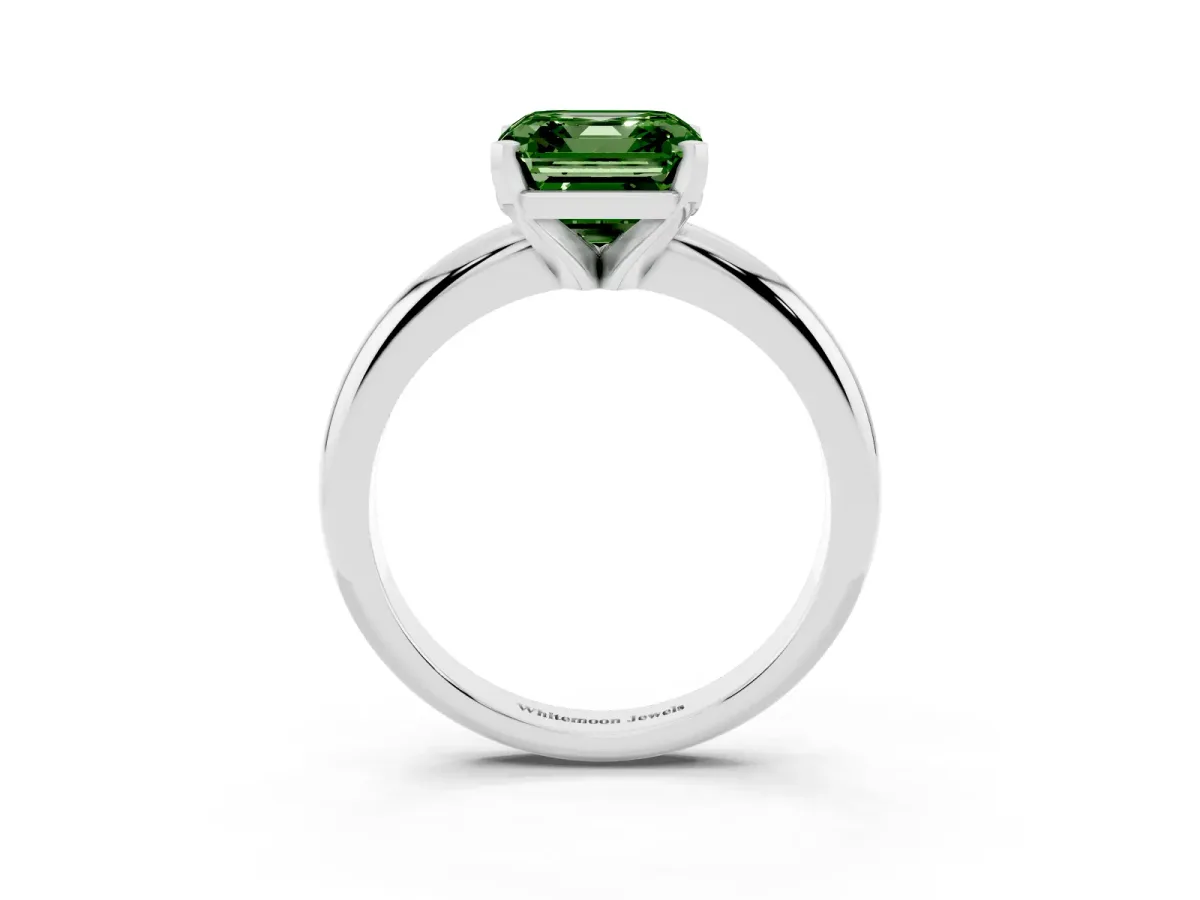 Fancy Green Asscher Cut Diamond Solitaire Engagement Ring with Round Band and Four-Prong Setting Silver